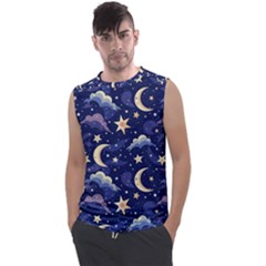 Night Moon Seamless Background Stars Sky Clouds Texture Pattern Men s Regular Tank Top