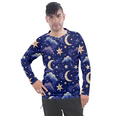 Night Moon Seamless Background Stars Sky Clouds Texture Pattern Men s Pique Long Sleeve T-shirt by Maspions