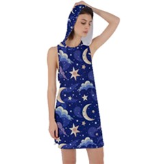 Night Moon Seamless Background Stars Sky Clouds Texture Pattern Racer Back Hoodie Dress