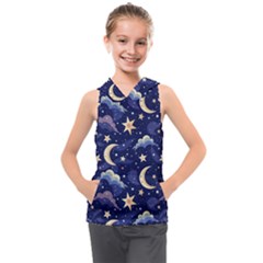 Night Moon Seamless Background Stars Sky Clouds Texture Pattern Kids  Sleeveless Hoodie