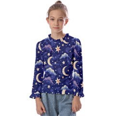 Night Moon Seamless Background Stars Sky Clouds Texture Pattern Kids  Frill Detail T-shirt