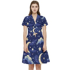 Night Moon Seamless Background Stars Sky Clouds Texture Pattern Short Sleeve Waist Detail Dress