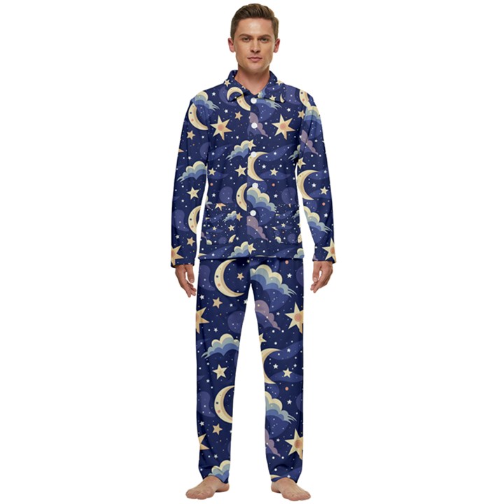 Night Moon Seamless Background Stars Sky Clouds Texture Pattern Men s Long Sleeve Velvet Pocket Pajamas Set