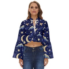 Night Moon Seamless Background Stars Sky Clouds Texture Pattern Boho Long Bell Sleeve Top by Maspions