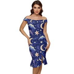 Night Moon Seamless Background Stars Sky Clouds Texture Pattern Off Shoulder Ruffle Split Hem Bodycon Dress