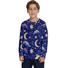 Night Moon Seamless Background Stars Sky Clouds Texture Pattern Kids  Crewneck Sweatshirt