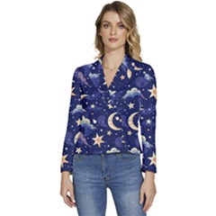 Night Moon Seamless Background Stars Sky Clouds Texture Pattern Women s Long Sleeve Revers Collar Cropped Jacket by Maspions