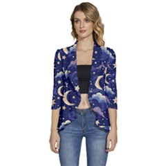 Night Moon Seamless Background Stars Sky Clouds Texture Pattern Women s 3/4 Sleeve Ruffle Edge Open Front Jacket by Maspions