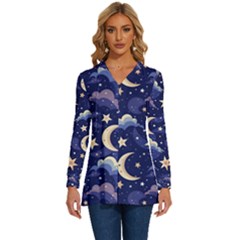 Night Moon Seamless Background Stars Sky Clouds Texture Pattern Long Sleeve Drawstring Hooded Top