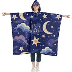 Night Moon Seamless Background Stars Sky Clouds Texture Pattern Women s Hooded Rain Ponchos