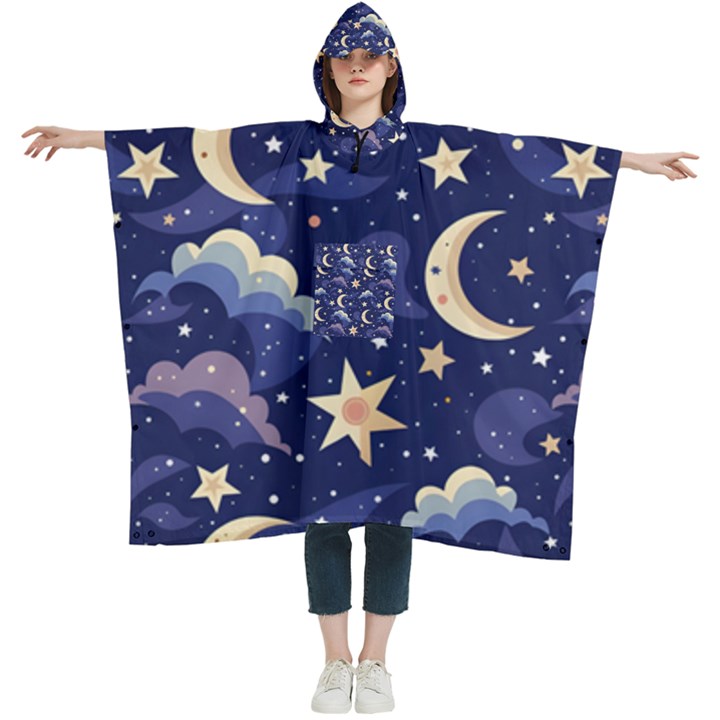 Night Moon Seamless Background Stars Sky Clouds Texture Pattern Women s Hooded Rain Ponchos