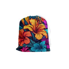 Hibiscus Flowers Colorful Vibrant Tropical Garden Bright Saturated Nature Drawstring Pouch (medium) by Maspions