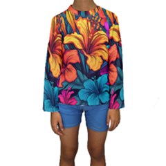 Hibiscus Flowers Colorful Vibrant Tropical Garden Bright Saturated Nature Kids  Long Sleeve Swimwear