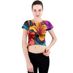 Hibiscus Flowers Colorful Vibrant Tropical Garden Bright Saturated Nature Crew Neck Crop Top