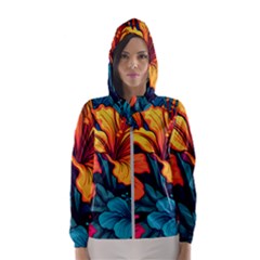 Hibiscus Flowers Colorful Vibrant Tropical Garden Bright Saturated Nature Women s Hooded Windbreaker