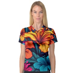 Hibiscus Flowers Colorful Vibrant Tropical Garden Bright Saturated Nature V-neck Sport Mesh T-shirt