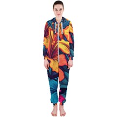 Hibiscus Flowers Colorful Vibrant Tropical Garden Bright Saturated Nature Hooded Jumpsuit (ladies) by Maspions