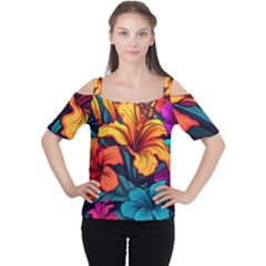 Hibiscus Flowers Colorful Vibrant Tropical Garden Bright Saturated Nature Cutout Shoulder T-shirt