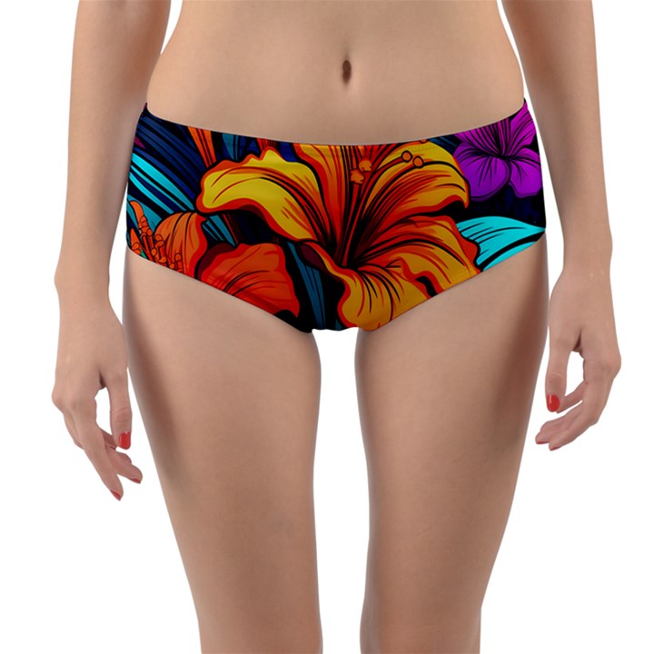 Hibiscus Flowers Colorful Vibrant Tropical Garden Bright Saturated Nature Reversible Mid-Waist Bikini Bottoms