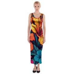 Hibiscus Flowers Colorful Vibrant Tropical Garden Bright Saturated Nature Fitted Maxi Dress by Maspions