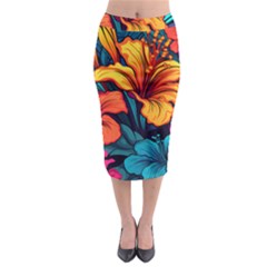 Hibiscus Flowers Colorful Vibrant Tropical Garden Bright Saturated Nature Midi Pencil Skirt