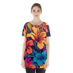 Hibiscus Flowers Colorful Vibrant Tropical Garden Bright Saturated Nature Skirt Hem Sports Top by Maspions