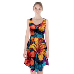 Hibiscus Flowers Colorful Vibrant Tropical Garden Bright Saturated Nature Racerback Midi Dress by Maspions