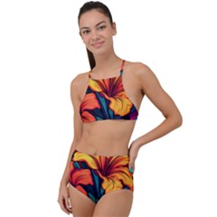 Hibiscus Flowers Colorful Vibrant Tropical Garden Bright Saturated Nature Halter Tankini Set