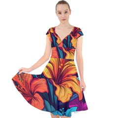 Hibiscus Flowers Colorful Vibrant Tropical Garden Bright Saturated Nature Cap Sleeve Front Wrap Midi Dress by Maspions