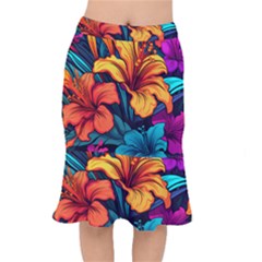 Hibiscus Flowers Colorful Vibrant Tropical Garden Bright Saturated Nature Short Mermaid Skirt by Maspions