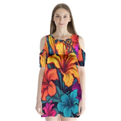 Hibiscus Flowers Colorful Vibrant Tropical Garden Bright Saturated Nature Shoulder Cutout Velvet One Piece