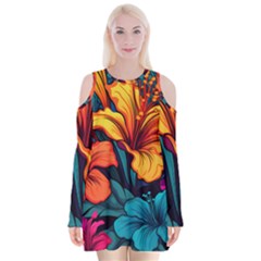 Hibiscus Flowers Colorful Vibrant Tropical Garden Bright Saturated Nature Velvet Long Sleeve Shoulder Cutout Dress