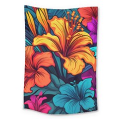 Hibiscus Flowers Colorful Vibrant Tropical Garden Bright Saturated Nature Large Tapestry