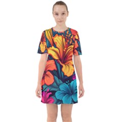 Hibiscus Flowers Colorful Vibrant Tropical Garden Bright Saturated Nature Sixties Short Sleeve Mini Dress