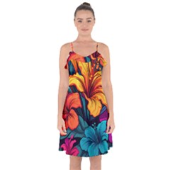 Hibiscus Flowers Colorful Vibrant Tropical Garden Bright Saturated Nature Ruffle Detail Chiffon Dress