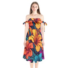 Hibiscus Flowers Colorful Vibrant Tropical Garden Bright Saturated Nature Shoulder Tie Bardot Midi Dress