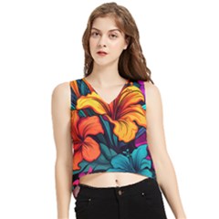 Hibiscus Flowers Colorful Vibrant Tropical Garden Bright Saturated Nature V-neck Cropped Tank Top