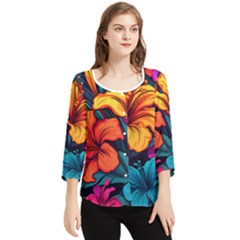 Hibiscus Flowers Colorful Vibrant Tropical Garden Bright Saturated Nature Chiffon Quarter Sleeve Blouse