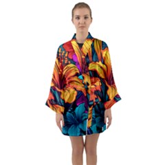 Hibiscus Flowers Colorful Vibrant Tropical Garden Bright Saturated Nature Long Sleeve Satin Kimono