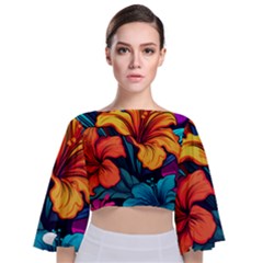 Hibiscus Flowers Colorful Vibrant Tropical Garden Bright Saturated Nature Tie Back Butterfly Sleeve Chiffon Top