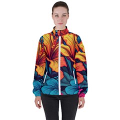 Hibiscus Flowers Colorful Vibrant Tropical Garden Bright Saturated Nature Women s High Neck Windbreaker by Maspions