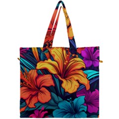 Hibiscus Flowers Colorful Vibrant Tropical Garden Bright Saturated Nature Canvas Travel Bag by Maspions