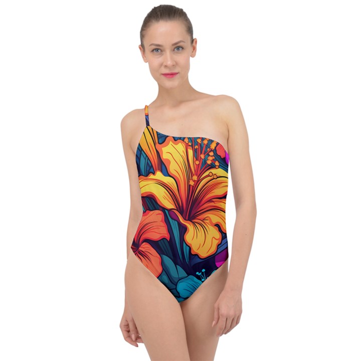 Hibiscus Flowers Colorful Vibrant Tropical Garden Bright Saturated Nature Classic One Shoulder Swimsuit