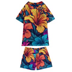 Hibiscus Flowers Colorful Vibrant Tropical Garden Bright Saturated Nature Kids  Swim T-shirt And Shorts Set