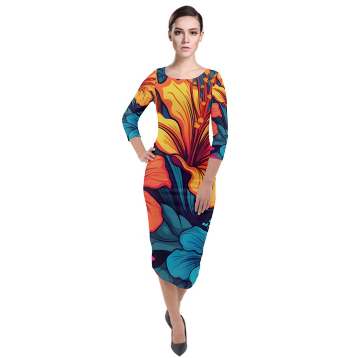 Hibiscus Flowers Colorful Vibrant Tropical Garden Bright Saturated Nature Quarter Sleeve Midi Velour Bodycon Dress