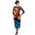 Hibiscus Flowers Colorful Vibrant Tropical Garden Bright Saturated Nature Quarter Sleeve Midi Velour Bodycon Dress View2