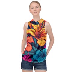 Hibiscus Flowers Colorful Vibrant Tropical Garden Bright Saturated Nature High Neck Satin Top