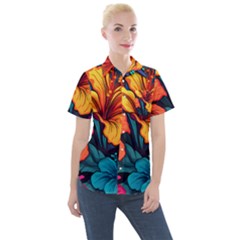 Hibiscus Flowers Colorful Vibrant Tropical Garden Bright Saturated Nature Women s Short Sleeve Pocket Shirt