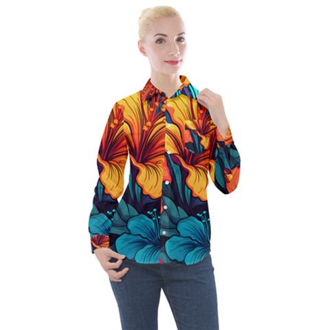 Hibiscus Flowers Colorful Vibrant Tropical Garden Bright Saturated Nature Women s Long Sleeve Pocket Shirt by Maspions