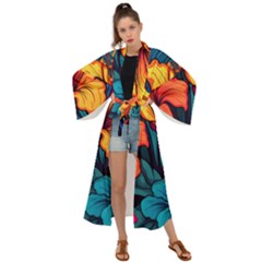 Hibiscus Flowers Colorful Vibrant Tropical Garden Bright Saturated Nature Maxi Kimono by Maspions